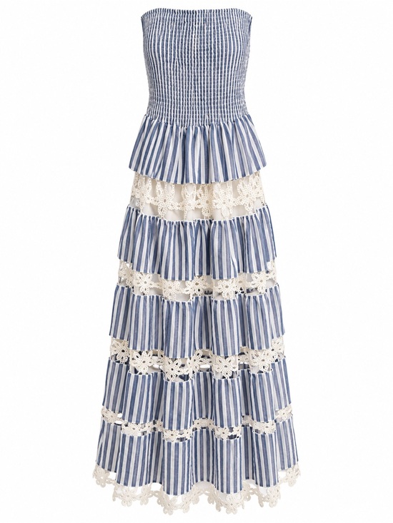 Strut & Bolt Dresses & Skirts - Blue and White Strapless Tiered Lace Maxi Dress